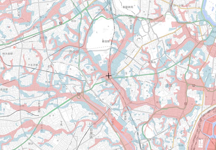 渋谷駅周辺の、盛土・切土
国土交通省 重ねるハザードマップ