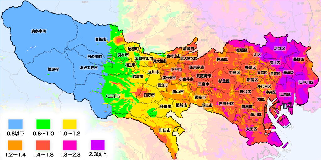 東京の、表層地盤増幅率の マップ（地図）