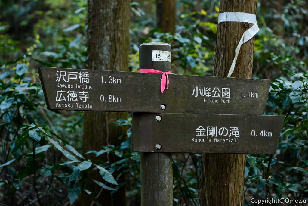 東京都・あきる野市、小峰公園から金剛の滝ハイキングコースの、道標