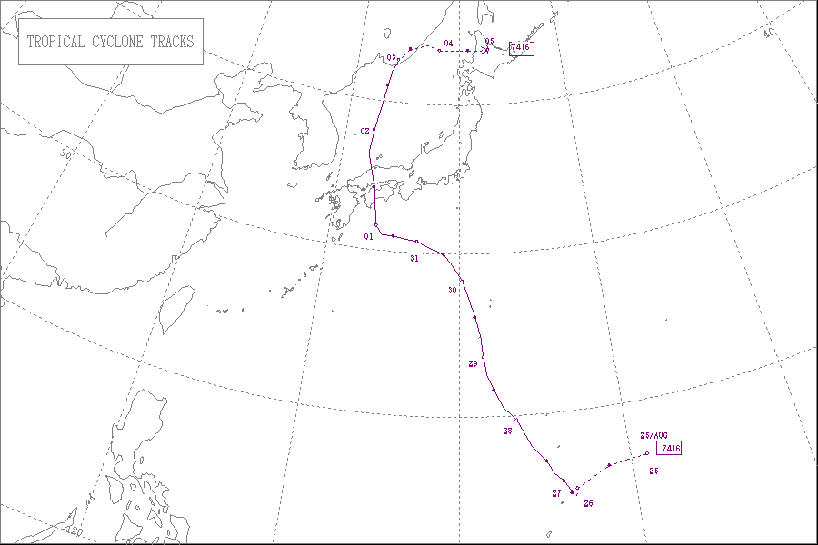 1974年台風16号経路図