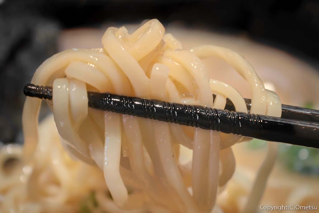 「おがわや 福生店」の豚骨醤油・味玉ラーメンの太麺