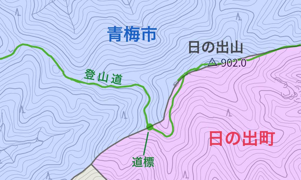 青梅市・御岳山〜日の出山の、青梅市と日の出町の境界線・地図