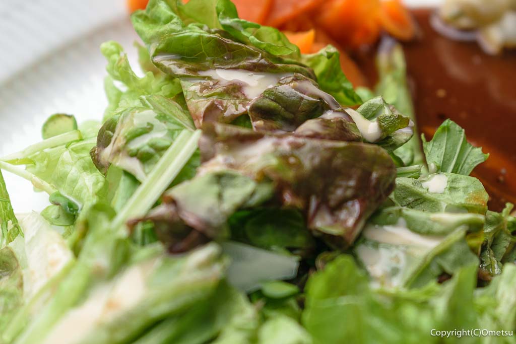 青梅市・成木のレストラン「コンブリオ」のテラスと、ハンバーグ・付け合せのサラダ