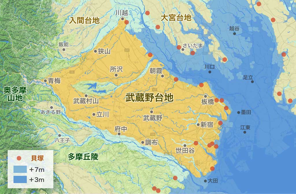 東京湾・武蔵野台地、縄文時代の海水面の地図