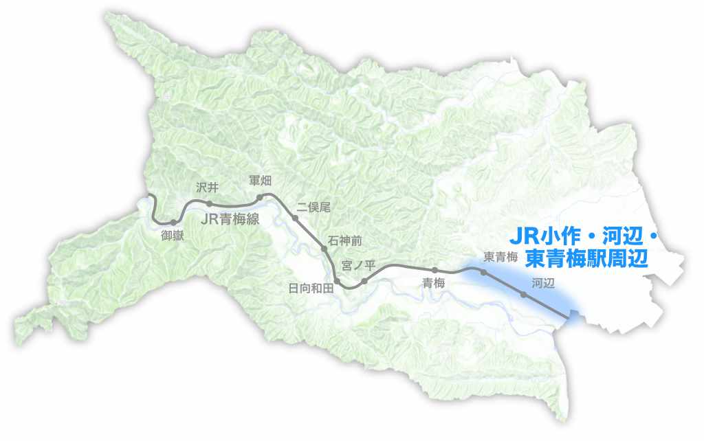 青梅市、河辺・東青梅周辺の位置