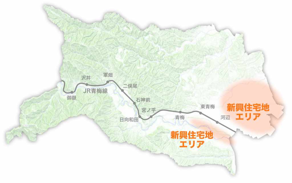 青梅市・新興住宅地の位置の地図