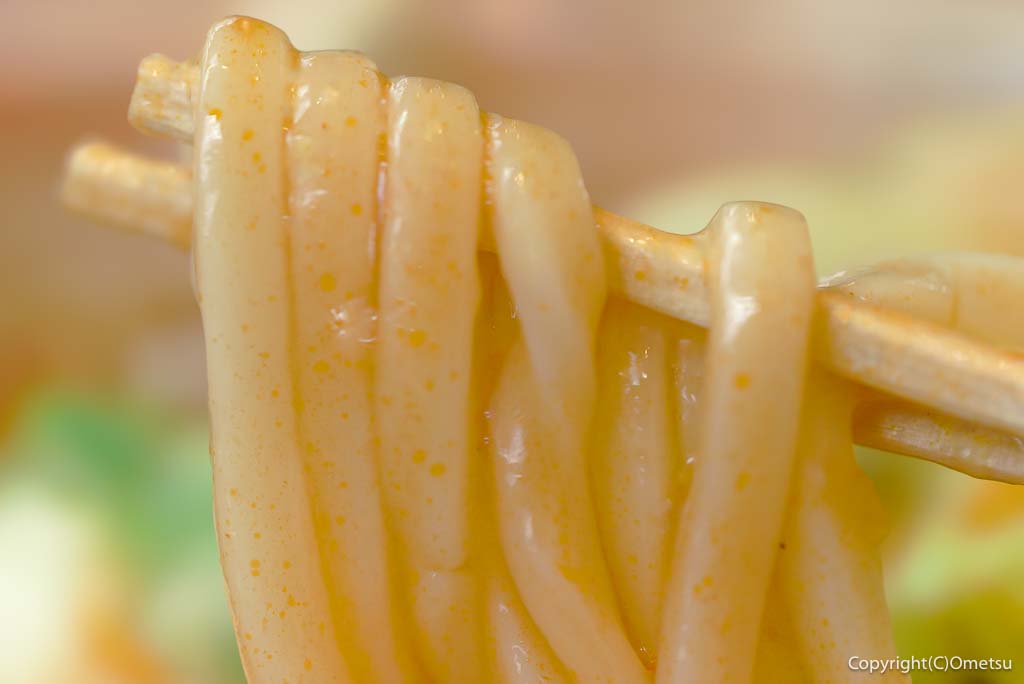 東京都・日の出町の「生涯青春の湯 つるつる温泉」の「赤いうどん」の、うどん