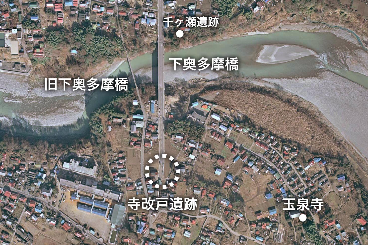 青梅市・下奥多摩橋・寺改戸遺跡周辺の、1974年・空中写真