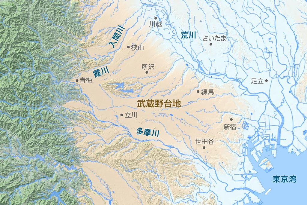 武蔵野台地、霞川、入間川、多摩川の位置関係の地図