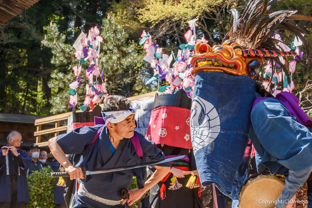青梅市・高水山古式獅子舞の、太刀懸(たちがかり)の真剣勝負