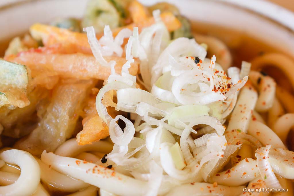 青梅市東原公園水泳場・売店の、天ぷらうどんの、ネギ