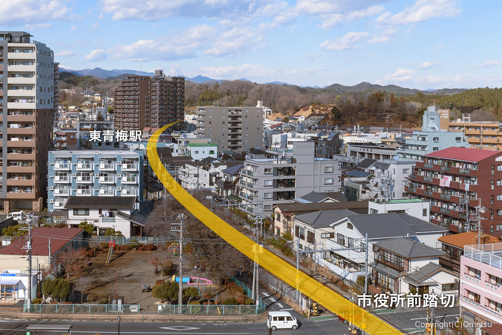 青梅線・市役所前踏切付近の、黒沢専用軌道跡のカーブ