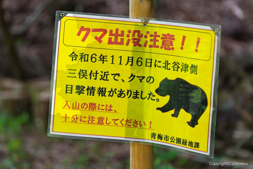 青梅の森、北谷津、クマ出没注意の警告板